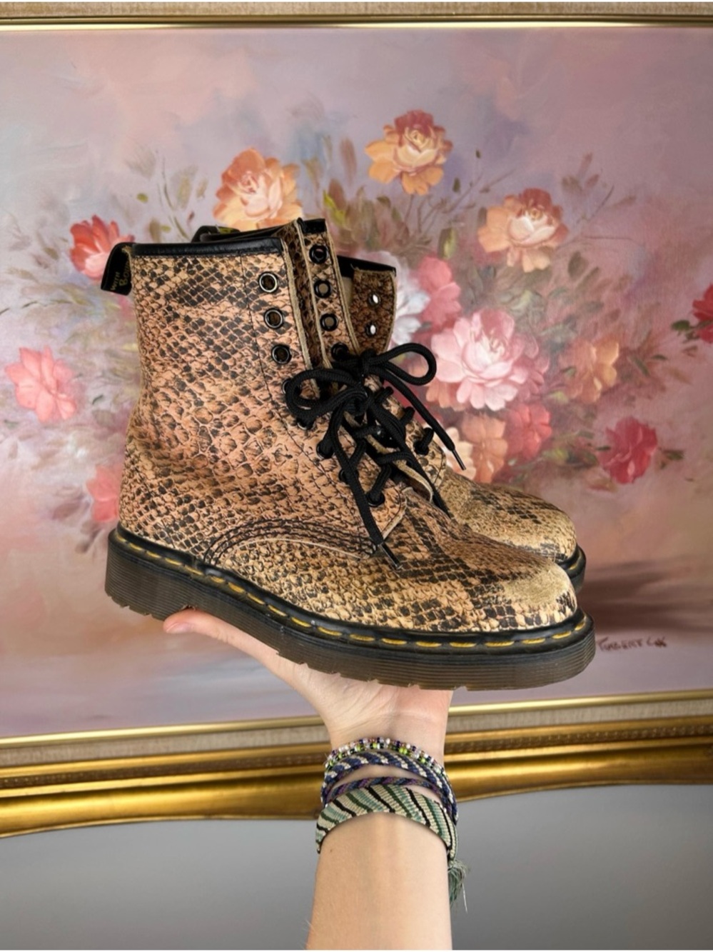 Dr. Martens Brown Snake-Print Combat Boots
